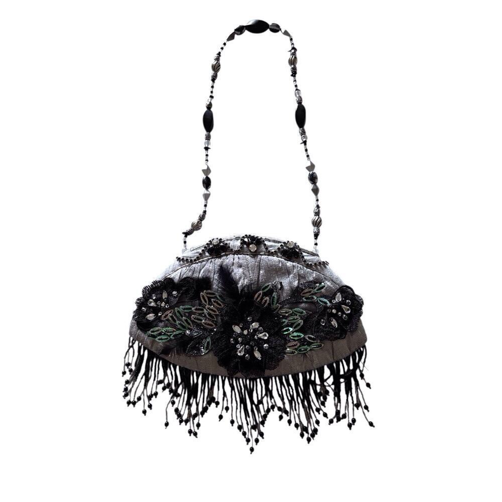Mary Frances Gray Black Shimmer Beaded Shoulder Strap Fringe Purse Evening Bag